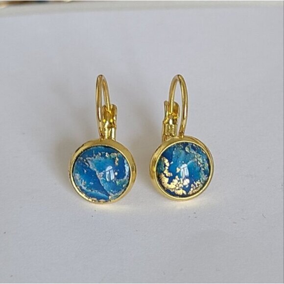 Elegant Hand Crafted Boho Blue Gold Gemstone Marble Circle Drop Dangle Earrings - Picture 10 of 14